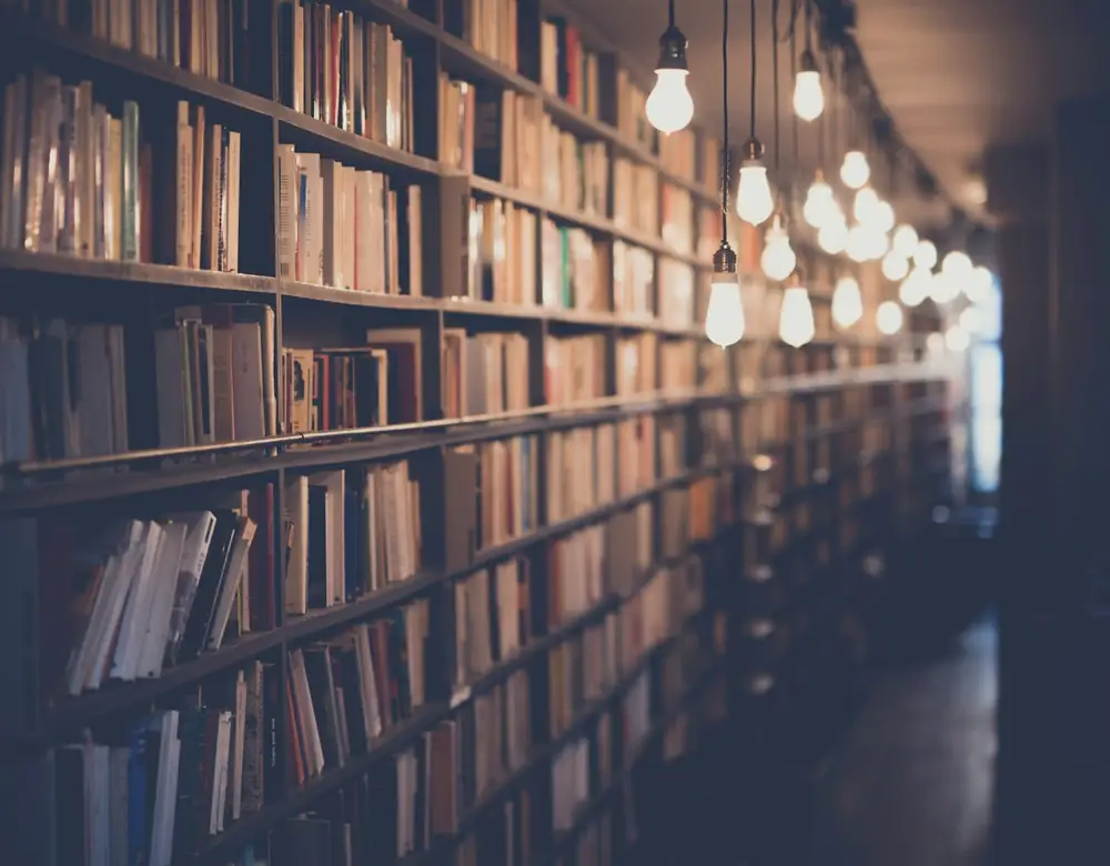 Warm beleuchtete Bibliothek mit langer Bücherwand und hängenden Glühbirnen im Halbdunkel
